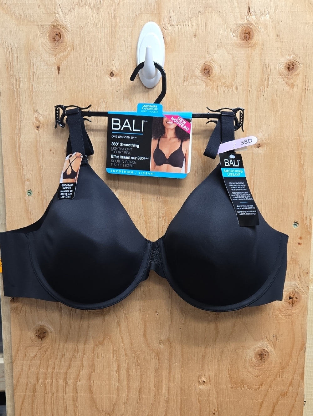 Bali Size 38D Black One Smooth U Lightweight T-Shirt Bra